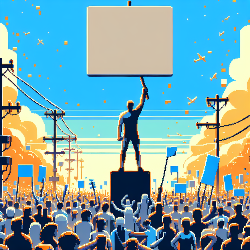 Crowd of protesters in a city street with a leader atop a platform holding a sign, set against an orange and blue sky.