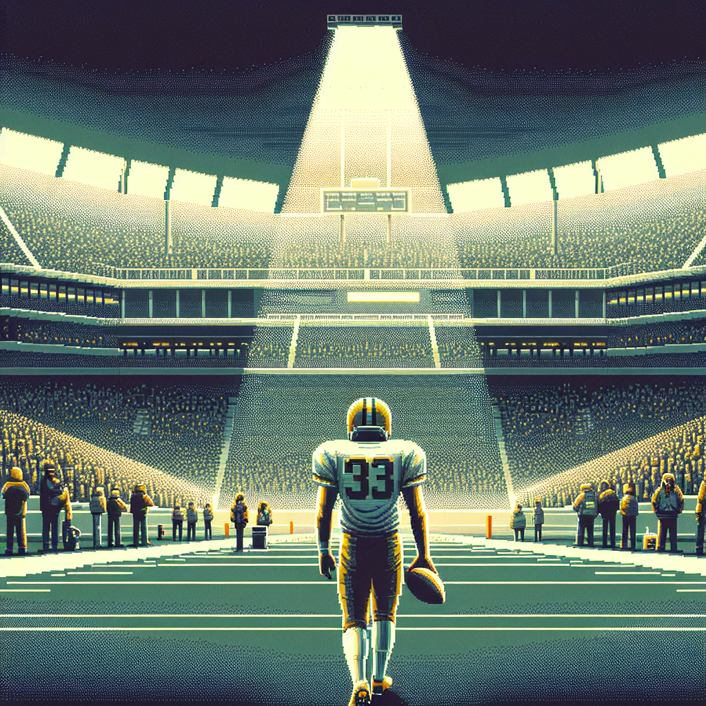 A football player in full gear stands alone on the field under a spotlight in a packed stadium, holding a football.