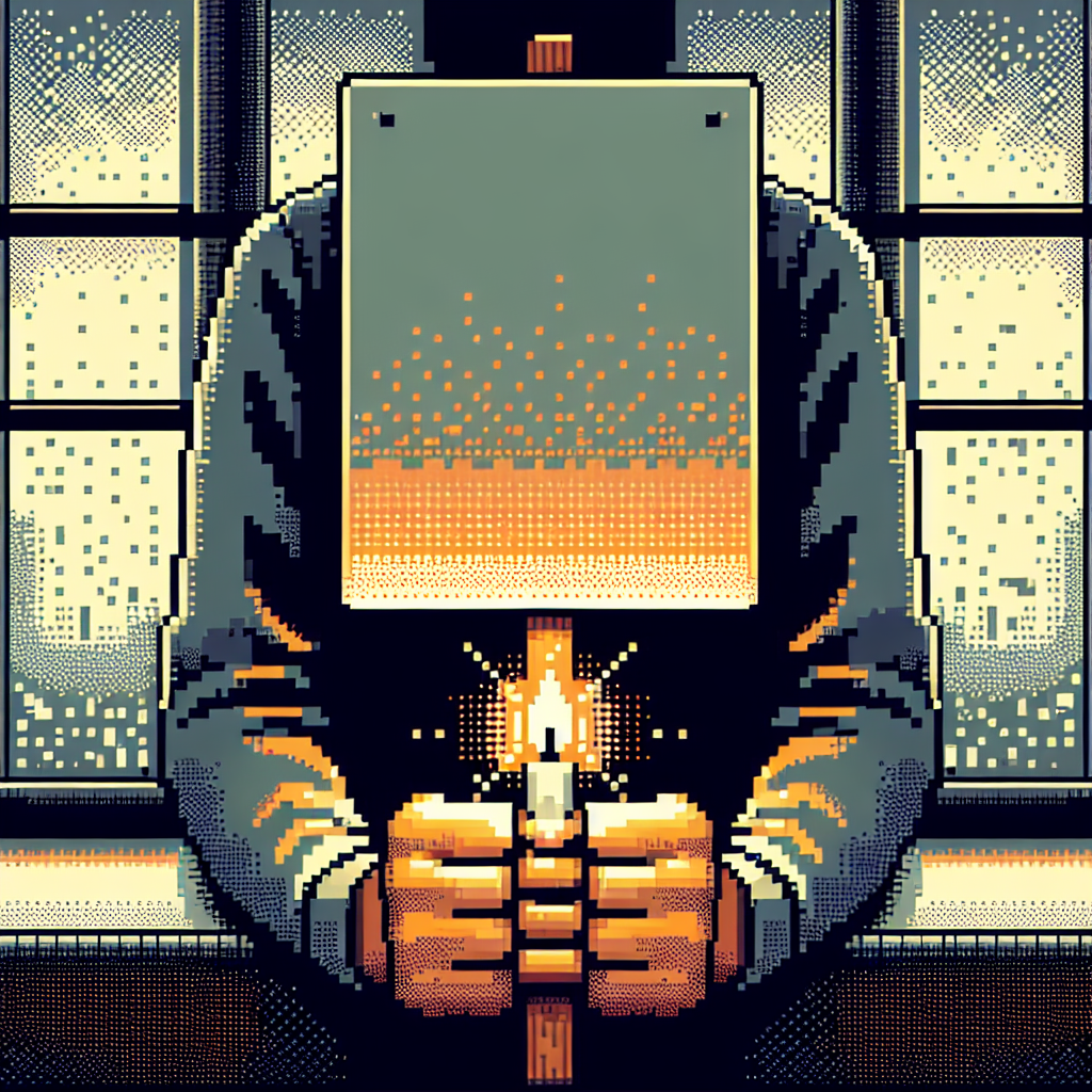 Protestor holds a candle in cupped hands, pixelated style, in front of a window with a square sign obscuring their face.