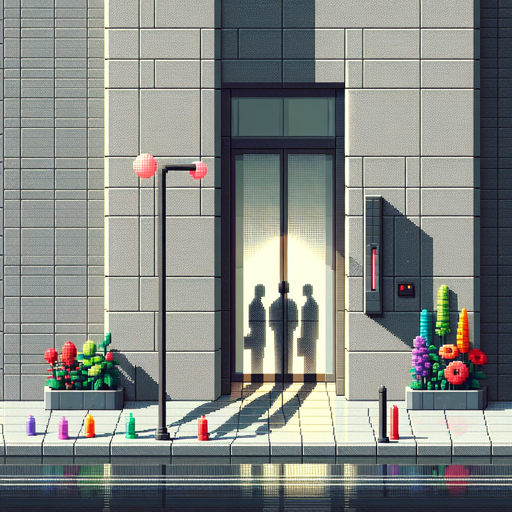 A stylized city building entrance with silhouettes of two people and vibrant plants on a wet sidewalk.