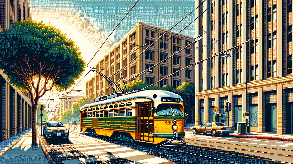 **Main Subject and Composition:** The scene features a vintage streetcar as the central element, captured in motion across an urban setting