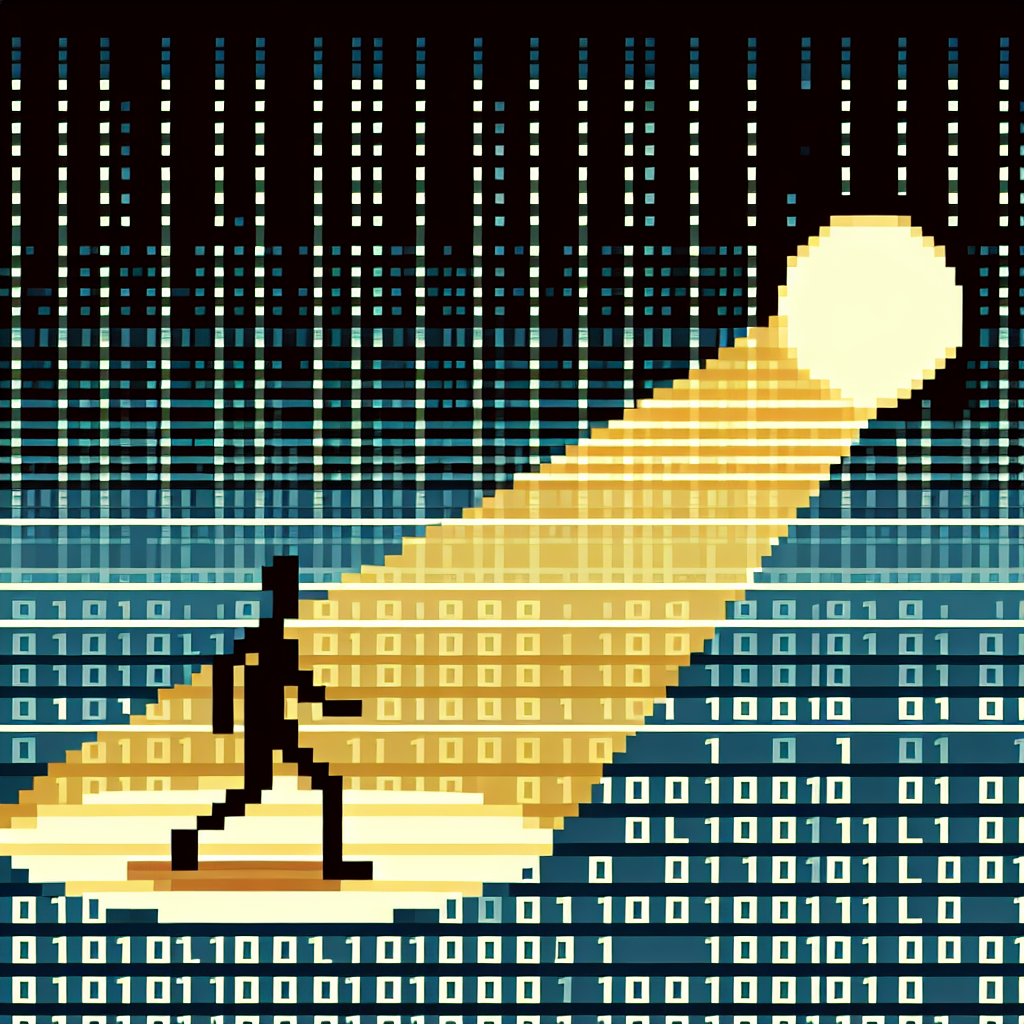 A person walks through a digital landscape with binary code, illuminated by a spotlight from above.