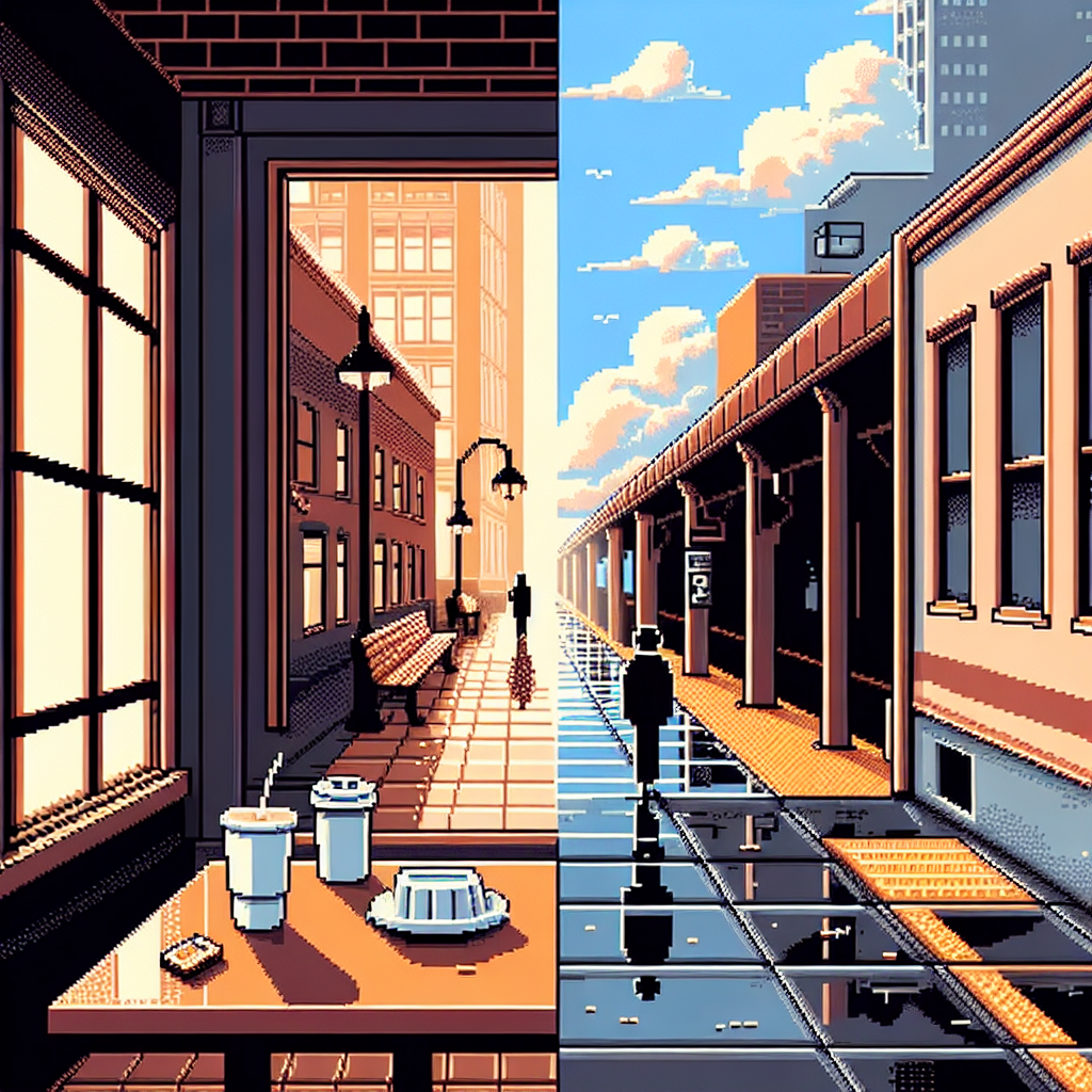 Split cityscape: Left shows an indoor café with seating and condiments; right depicts an outdoor urban street scene.