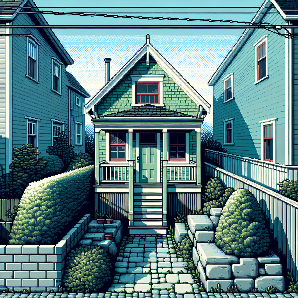 A small, green cottage nestled between two larger houses, with neatly trimmed bushes and a cobblestone path leading to the front porch.