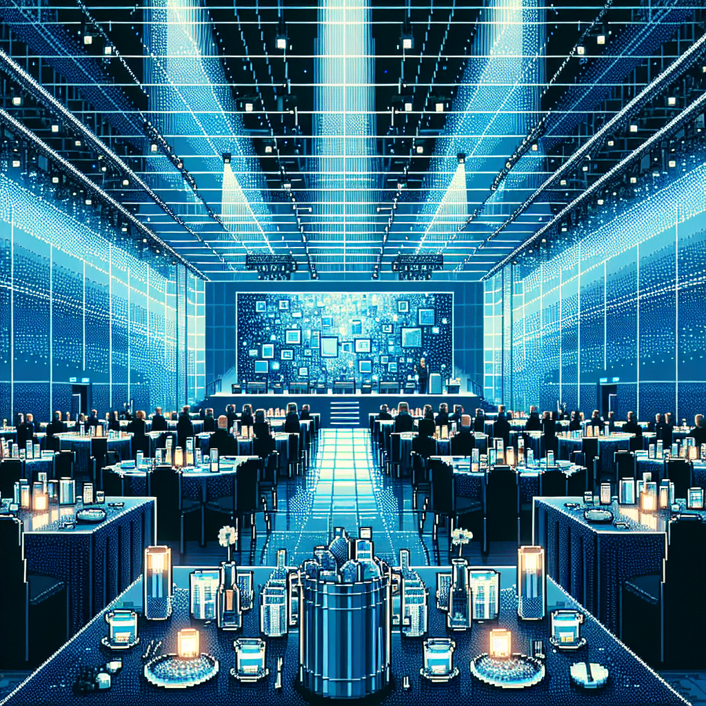 A large, modern banquet hall with elegantly set tables and bright ceiling lights illuminating the space.