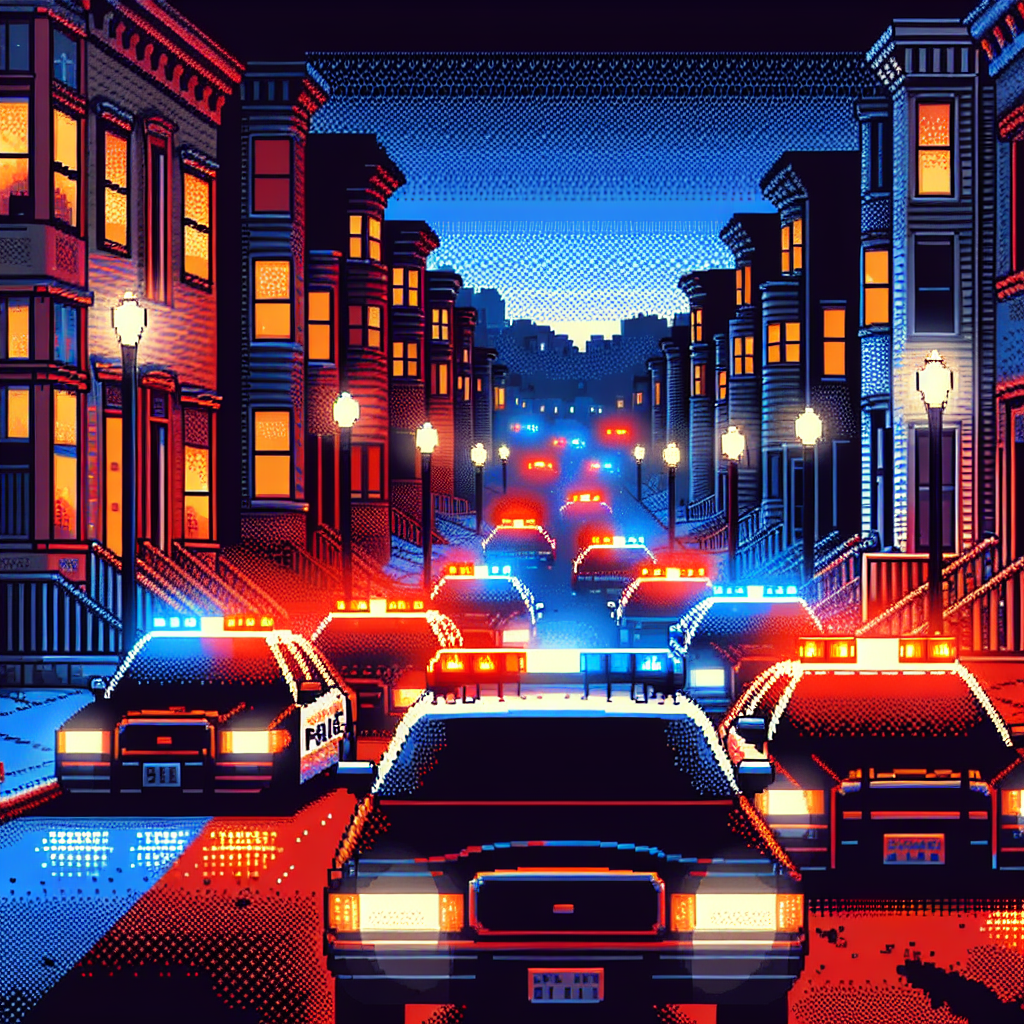 A pixel art scene of a nighttime urban street with several police cars flashing red and blue lights, amid classic row houses.
