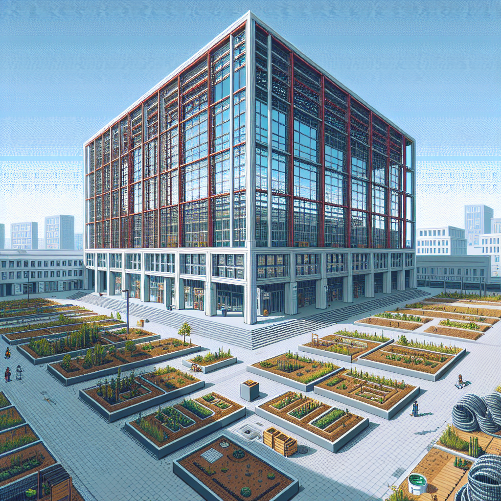 Modern glass and steel building with a large garden courtyard featuring numerous rectangular planters.