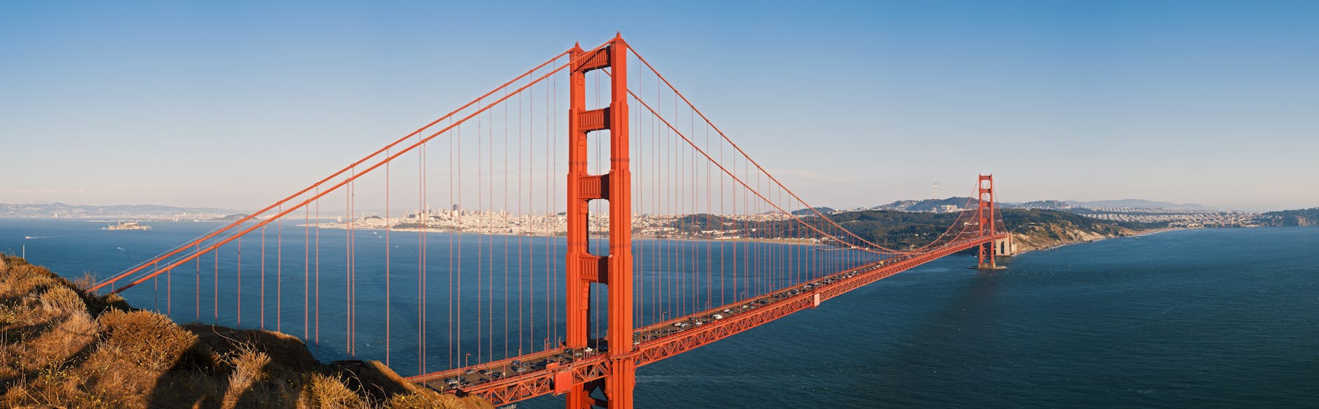 Scenic view of Golden Gate Bridge spanning the blue waters of San Francisco Bay.